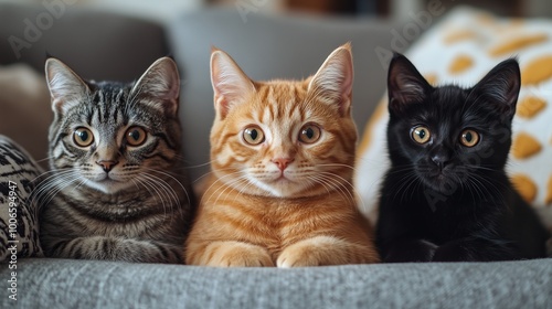 Three cats sitting on the sofa, an orange cat with gray stripes and one black kitten, all looking at the camera