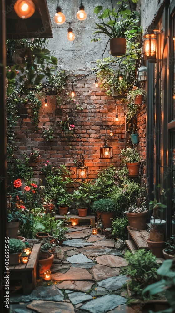 Obraz premium A charming outdoor garden space adorned with plants and warm lanterns, creating a cozy and inviting atmosphere.