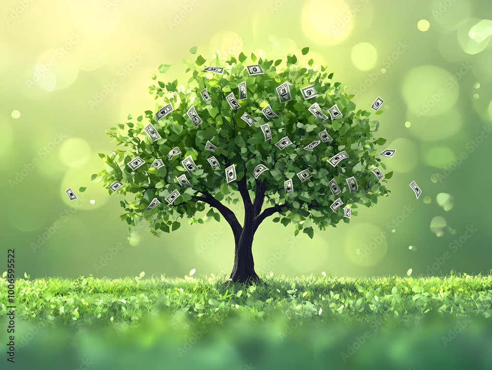 Flat Abstract Tree with Dollar Sign Leaves on Soft Bokeh Background - Creative Illustration Symbolizing Financial Growth for Business Ads