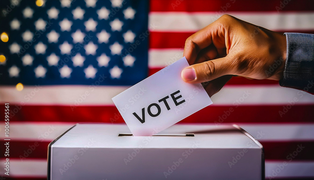 Detail of a hand inserting an envelope with the word VOTE into a ballot ...