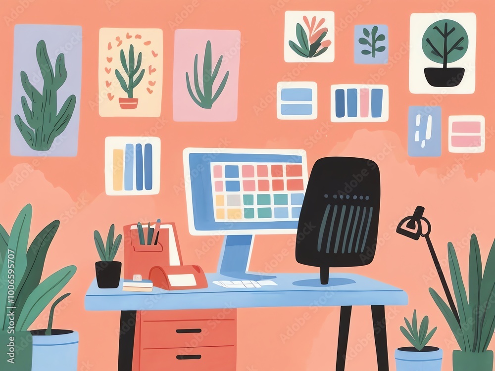 Fototapeta premium Workstation with plants and computer