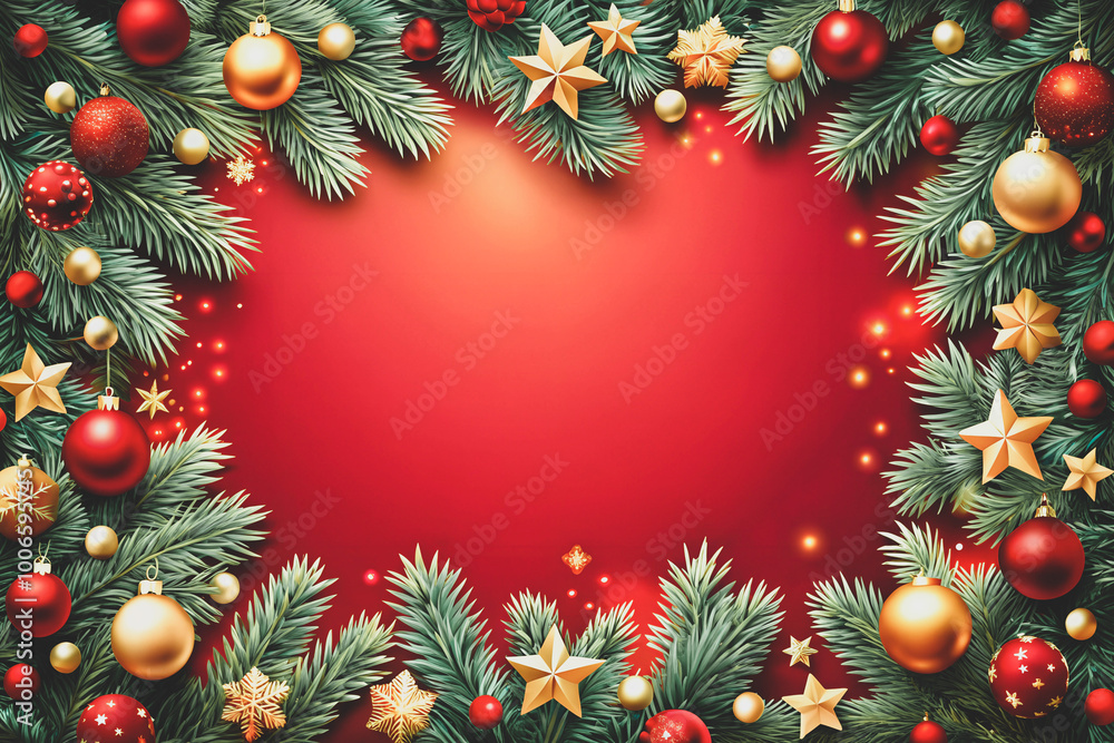 Frame of fir branches and holiday decorations on a red background, top view with space for text. Christmas winter background, christmas card. Frame of fir branches and holiday decorations on a red background, top view with space for text. Christmas winter background, christmas card.