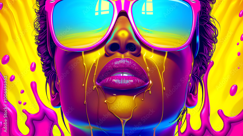 Φωτογραφία A woman with a pink face and purple lips is spraying paint on a wall