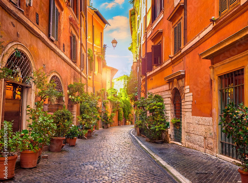 street in Trastevere, Rome, Europe. Trastevere is a romantic district of Rome