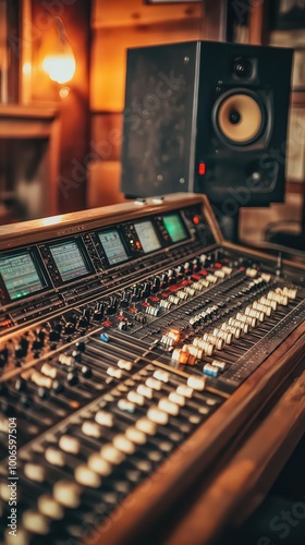 A close-up of a vintage audio mixing console with speakers in a warm, inviting studio setting, highlighting music production details.