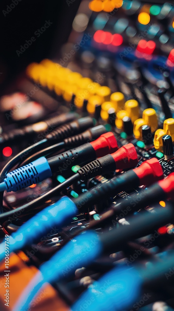 A close-up of diverse audio cables and colorful connectors on a sound mixing console, highlighting music production technology. A close-up of diverse audio cables and colorful connectors on a sound mixing console, highlighting music production technology.