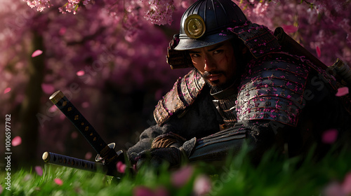 A noble samurai, dressed in traditional armor and a kabuto helmet, kneeling in a serene cherry blossom grove, his katana resting beside him as petals fall gently around him. Samurai in a cherry blosso photo