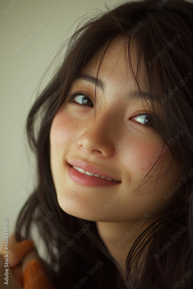 The image captures a close-up portrait of a smiling individual with long, dark hair The image captures a close-up portrait of a smiling individual with long, dark hair