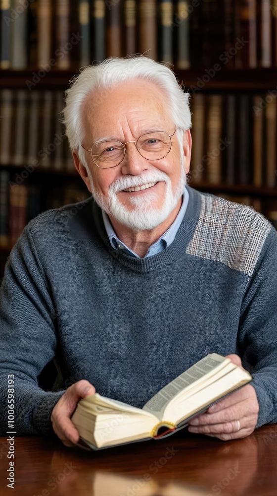 An elderly man with white hair enjoys reading the Bible at a wooden table in his home. The atmosphere is warm and inviting, illuminated by soft natural light An elderly man with white hair enjoys reading the Bible at a wooden table in his home. The atmosphere is warm and inviting, illuminated by soft natural light