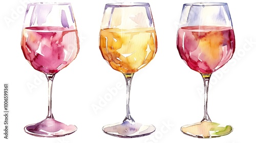 A watercolor illustration of three different colorful drinks in elegant glasses.