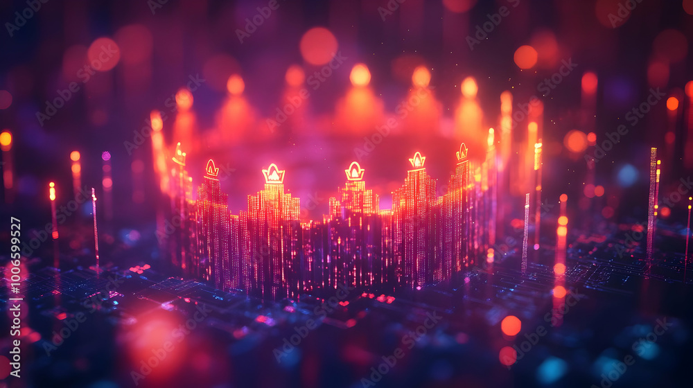 Fototapeta premium 3D Bokeh Digital Art: Glowing Leadership & Compliance Arrows Concept for Corporate Advertisements and Financial Banners