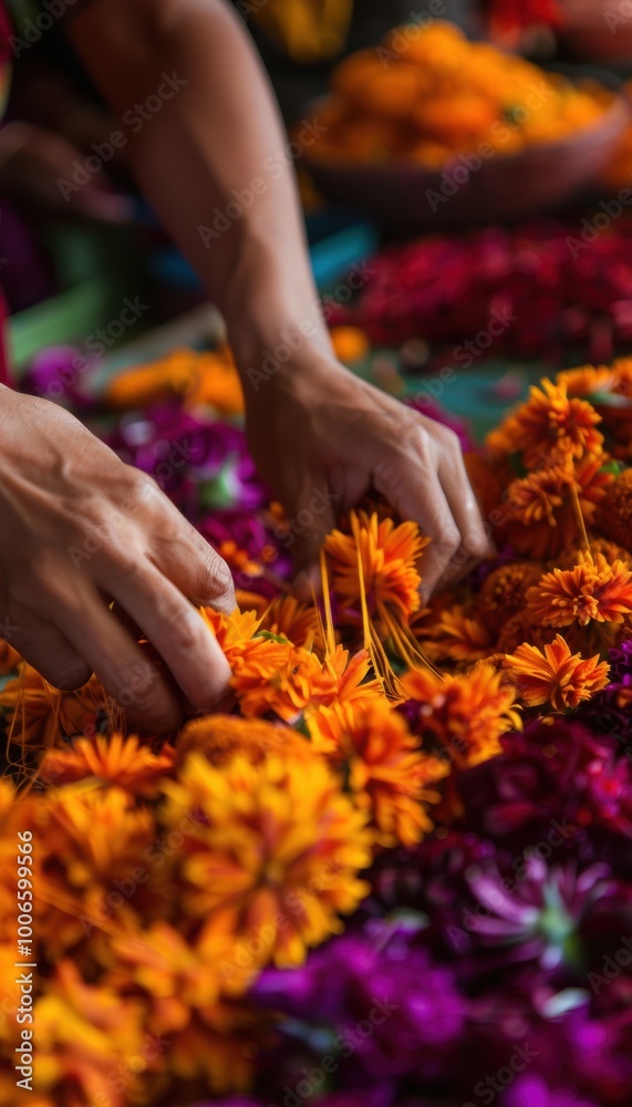 Crafting Cempasuchil Garlands for Day of the Dead Celebration - Bright Orange and Deep Red Flowers Crafting Cempasuchil Garlands for Day of the Dead Celebration - Bright Orange and Deep Red Flowers