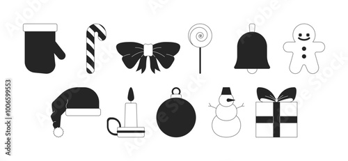 Christmas ornaments black and white 2D line objects set. Xmas adornments. Christmastide festive december decorations isolated clip arts vector outline items collection. Monochrome spot illustrations