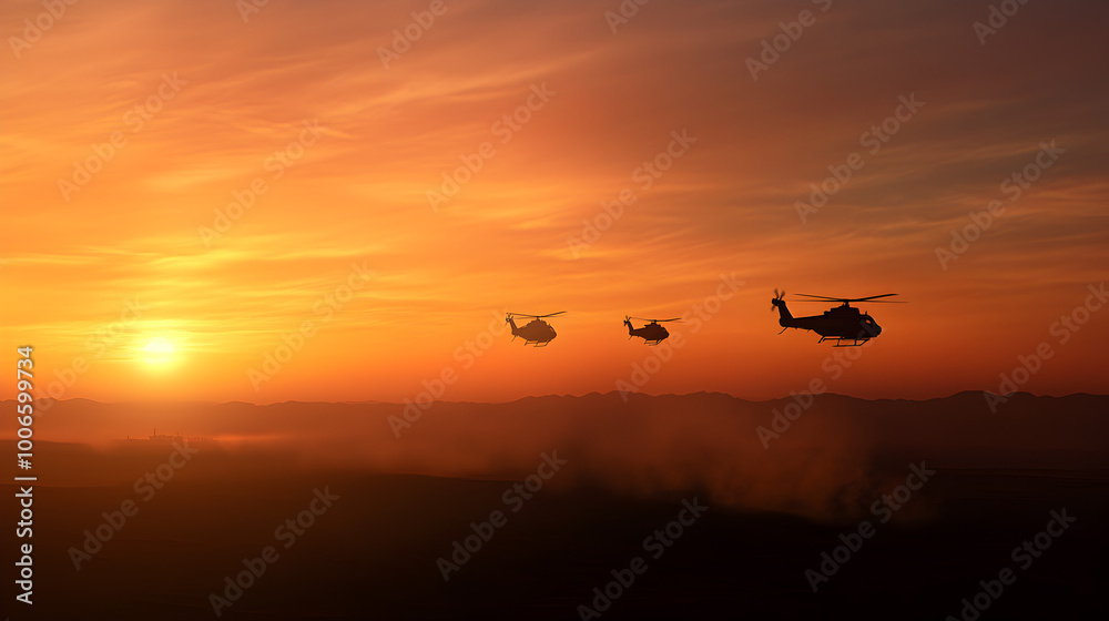 Fototapeta premium A tactical helicopter squadron, flying low over a desert at sunset, their rotors kicking up dust as they move towards a distant battlefield. Helicopter squadron flying at sunset.
