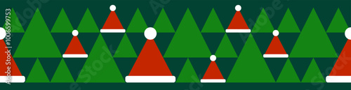 Christmas seamless border with triangles and santa hat. Flat style. Template for winter holidays design. Vector illustration