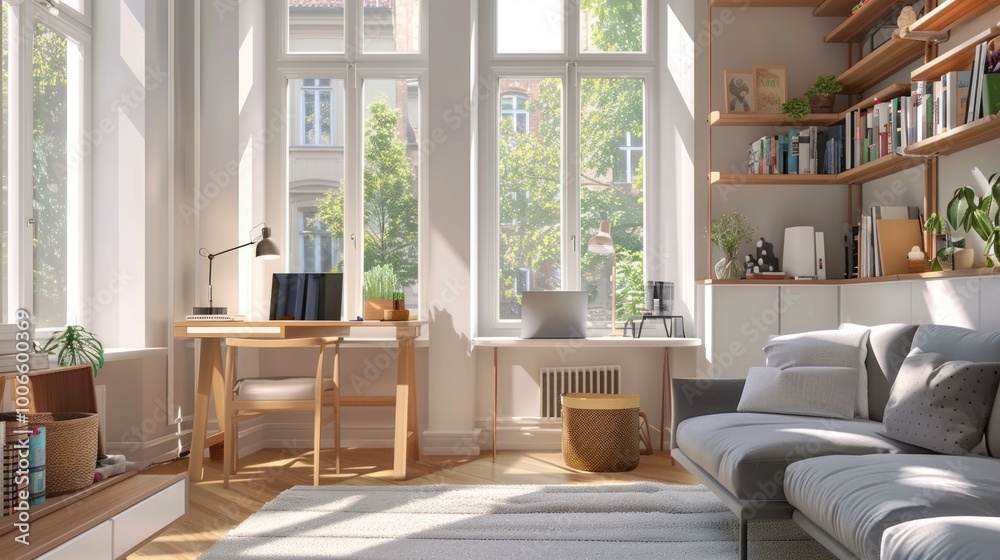 Fototapeta premium Bright and airy living room with a home office