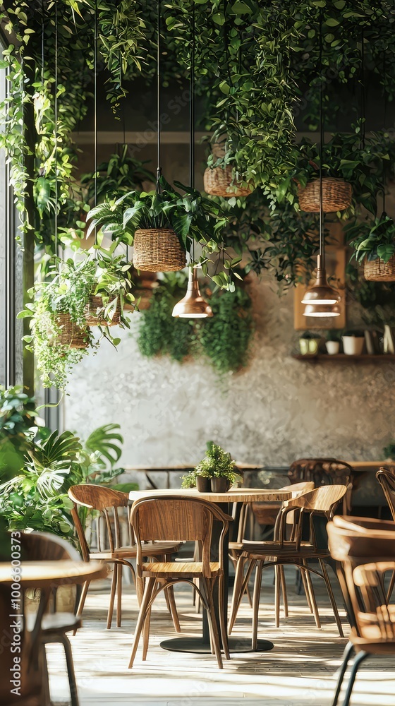 Obraz premium A cozy cafe interior filled with lush greenery, wooden furniture, and warm lighting, perfect for relaxation and socializing.