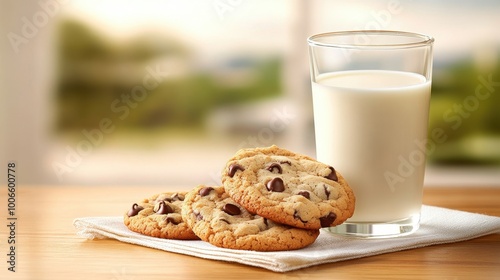 Pile of chocolate chip cookies with a glass of milk placed beside,classic comfort