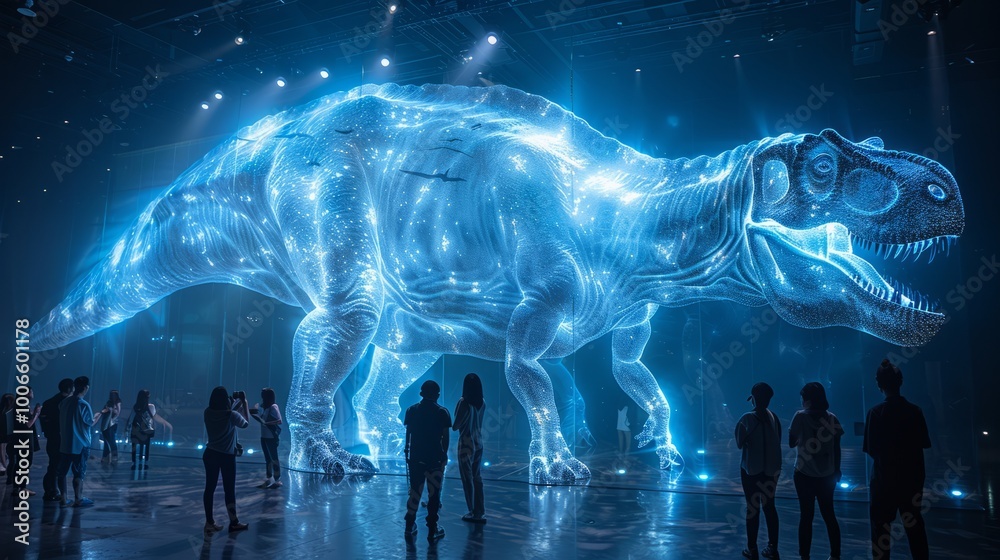 Obraz premium A massive holographic dinosaur awe-inspires viewers at a museum's immersive art exhibition showcasing innovative technology