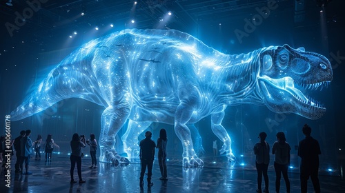 A massive holographic dinosaur awe-inspires viewers at a museum's immersive art exhibition showcasing innovative technology photo