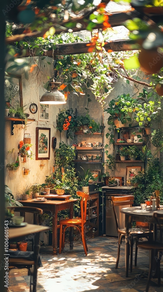 A cozy indoor cafe filled with lush greenery and warm sunlight, perfect for a relaxing afternoon break or a creative workspace. A cozy indoor cafe filled with lush greenery and warm sunlight, perfect for a relaxing afternoon break or a creative workspace.