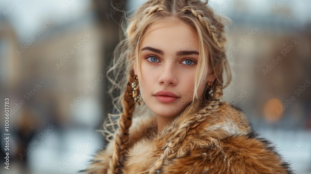A beautiful woman with long blonde hair in braids, wearing a fur coat and earrings at fashion week in Paris A beautiful woman with long blonde hair in braids, wearing a fur coat and earrings at fashion week in Paris