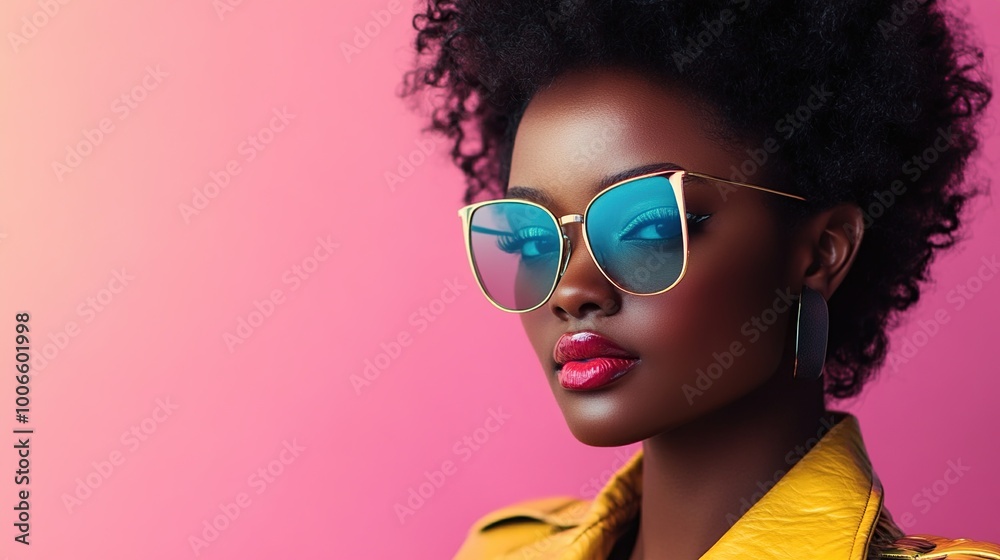 Fashionable Woman in Blue Sunglasses on a Pink Background Fashionable Woman in Blue Sunglasses on a Pink Background