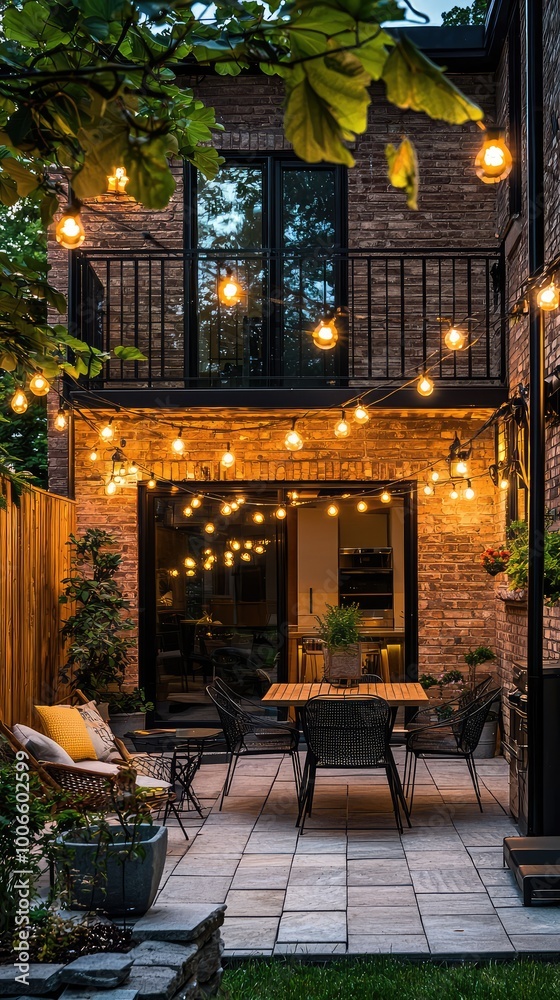 A cozy outdoor patio illuminated by string lights, showcasing a warm and inviting atmosphere for gatherings and relaxation. A cozy outdoor patio illuminated by string lights, showcasing a warm and inviting atmosphere for gatherings and relaxation.