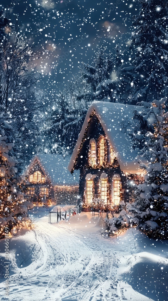 A cozy winter scene with snow-covered houses glowing warmly amidst falling snowflakes, perfect for holiday themes. A cozy winter scene with snow-covered houses glowing warmly amidst falling snowflakes, perfect for holiday themes.