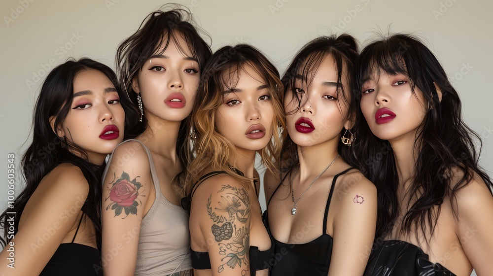 Obraz premium A photo of five beautiful Asian women with tatoo, posing for the camera