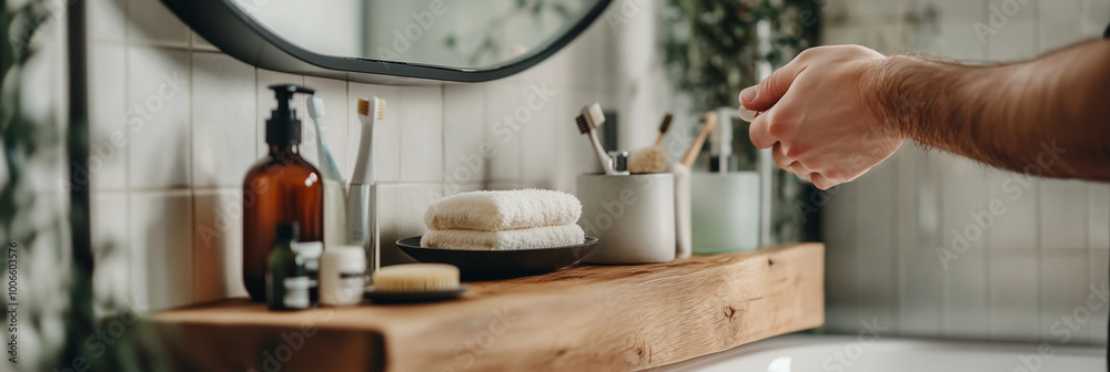 cleaning a bathroom mirror, their reflection visible but slightly out of focus. hand places a white towel next to the sink. modern marble and wood bathroom. For interior catalogues, Home Accessories cleaning a bathroom mirror, their reflection visible but slightly out of focus. hand places a white towel next to the sink. modern marble and wood bathroom. For interior catalogues, Home Accessories