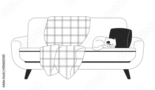 Blanket covered couch cozy with sleeping cat near pillow black and white 2D line object. Comfortable sofa with napping kitten isolated clip art vector outline item. Monochromatic spot illustration