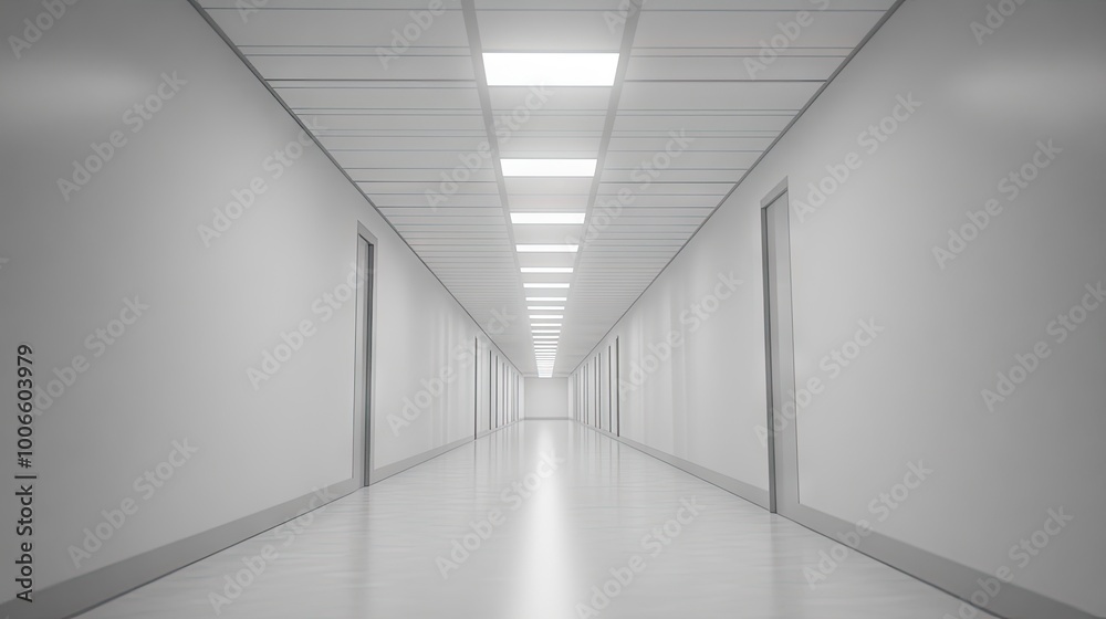 A long, empty hallway with white walls and a white ceiling, with a feeling of isolation and loneliness. A long, empty hallway with white walls and a white ceiling, with a feeling of isolation and loneliness.