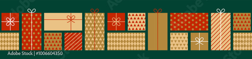 Christmas seamless border with gift boxes on green background. Flat style. Template for winter holidays design. Vector illustration