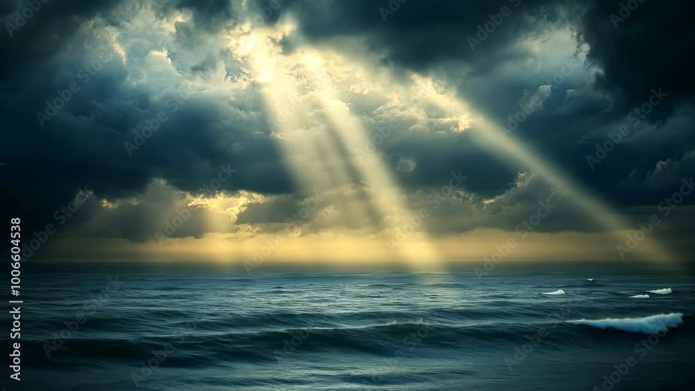 Light streams through dark clouds over a choppy sea Light streams through dark clouds over a choppy sea