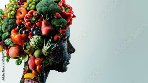 An illustration of the head silhouette filled with colorful fruits and vegetables, representing healthy eating for brain health