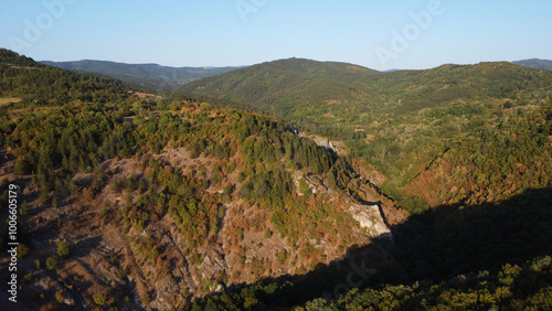 Aerial view on the top of the hill and forest.