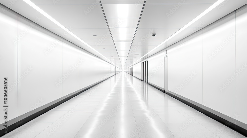 Obraz premium A long, empty hallway with white walls and a white ceiling, illuminated by bright white lights.