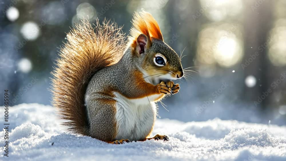 A squirrel eats a nut in the snow on a winter day A squirrel eats a nut in the snow on a winter day