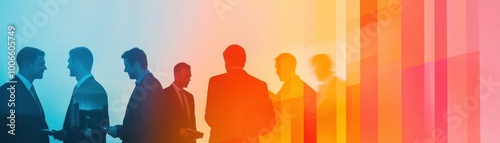 A vibrant silhouette of professionals engaged in discussion against a colorful backdrop, symbolizing collaboration and creativity in a corporate environment.