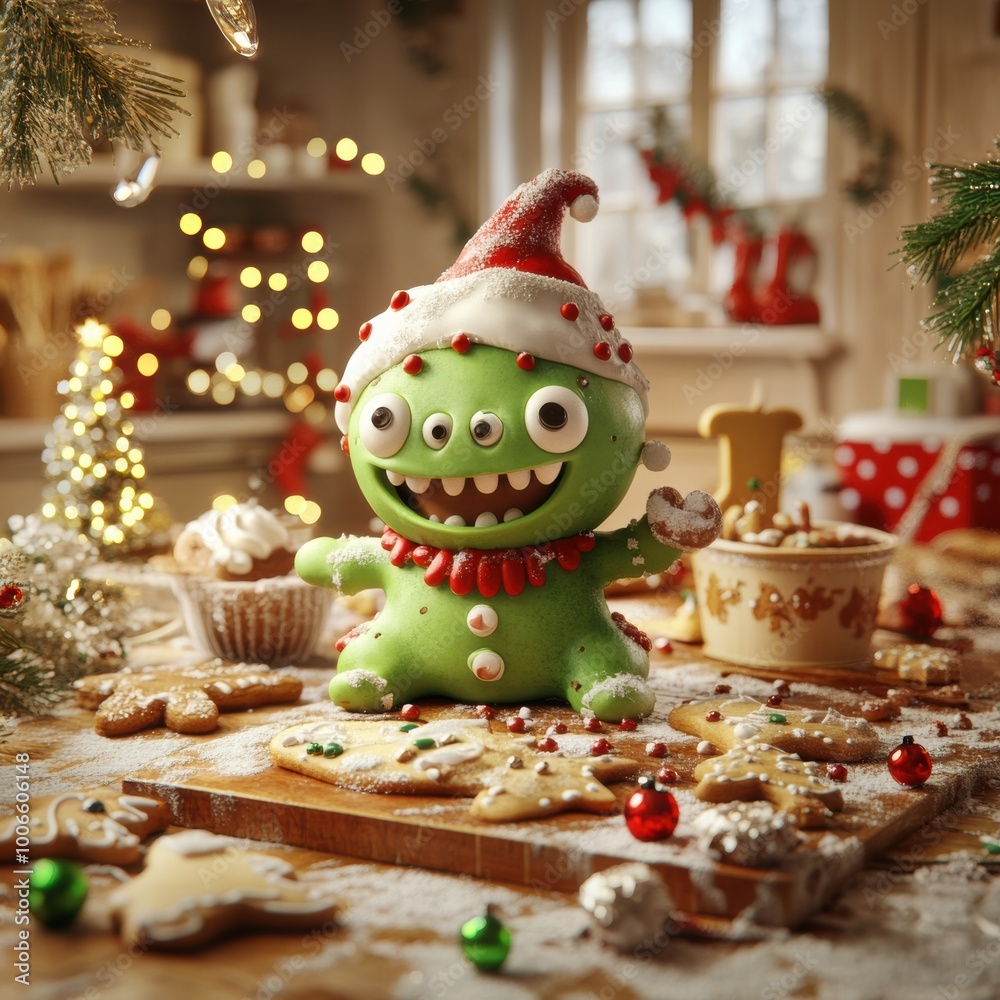 A whimsical green creature in a festive hat, surrounded by gingerbread cookies and holiday decorations in a cozy kitchen. A whimsical green creature in a festive hat, surrounded by gingerbread cookies and holiday decorations in a cozy kitchen.