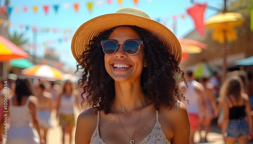 Smiling summer woman with hat and sunglasses Smiling summer woman with hat and sunglasses