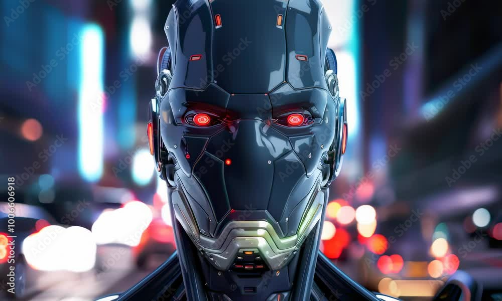 A futuristic android robot with red glowing eyes stands in a neon city. Create a detailed, evocative prompt that captures the essence of the subject matter. A futuristic android robot with red glowing eyes stands in a neon city. Create a detailed, evocative prompt that captures the essence of the subject matter.