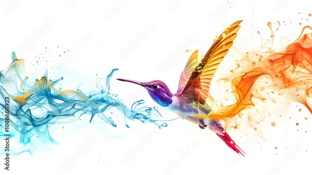 Fototapeta premium Vibrant hummingbird soaring through a splash of colorful fluid patterns in a creative artistic representation