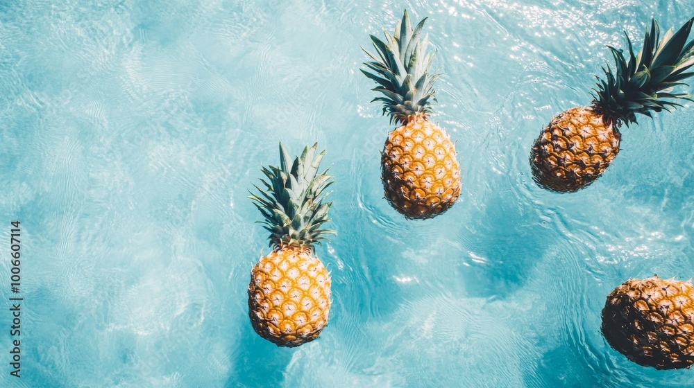 Four pineapples floating in clear blue water, refreshing summer vibe concept Four pineapples floating in clear blue water, refreshing summer vibe concept