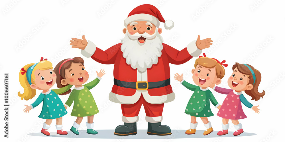 Flat Santa Sharing a Magical Moment: Captivating Children�s Awe and Excitement in a Surprise Reveal - Simple Vector Illustration Flat Santa Sharing a Magical Moment: Captivating Children�s Awe and Excitement in a Surprise Reveal - Simple Vector Illustration