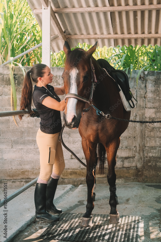 A young woman grooming and saddling a brown horse in a stable, wearing ...