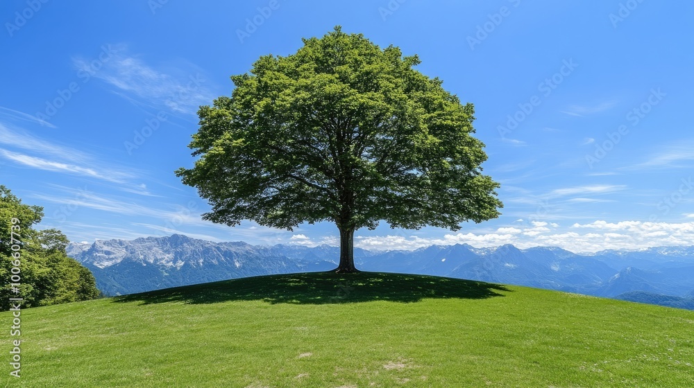Majestic Tree on Hilltop with Scenic Mountain View Majestic Tree on Hilltop with Scenic Mountain View