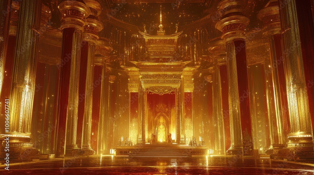 A luxurious palace interior with towering gold columns, bathed in red and golden light, featuring a stunning, fantasy throne at the heart of a magnificent throne room. A luxurious palace interior with towering gold columns, bathed in red and golden light, featuring a stunning, fantasy throne at the heart of a magnificent throne room.