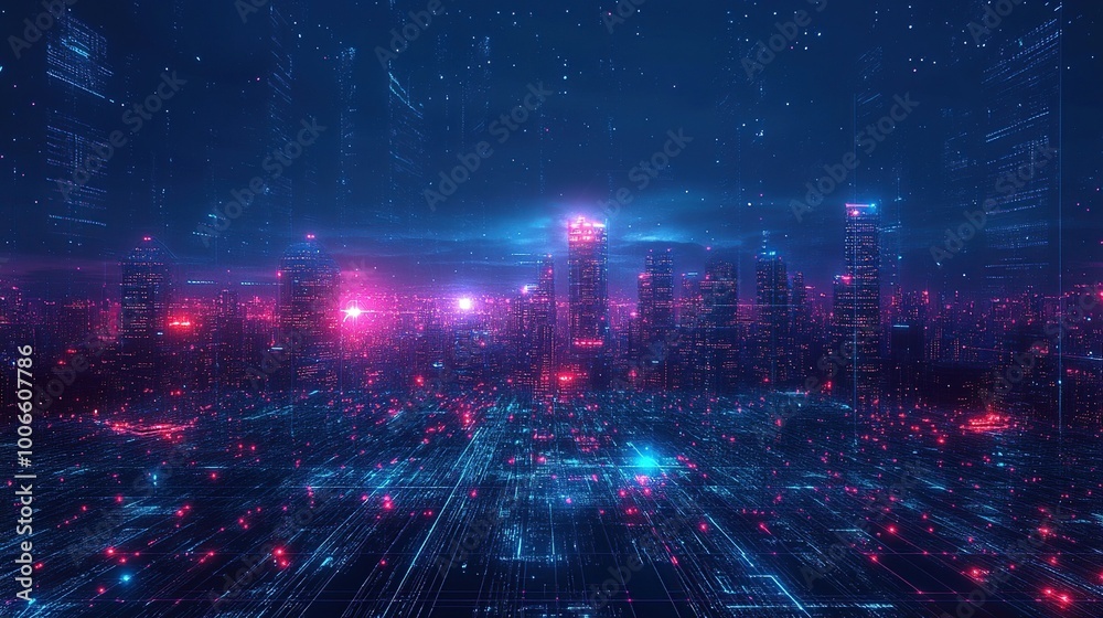 Obraz premium Cyberpunk Cityscape: Digital Metropolis